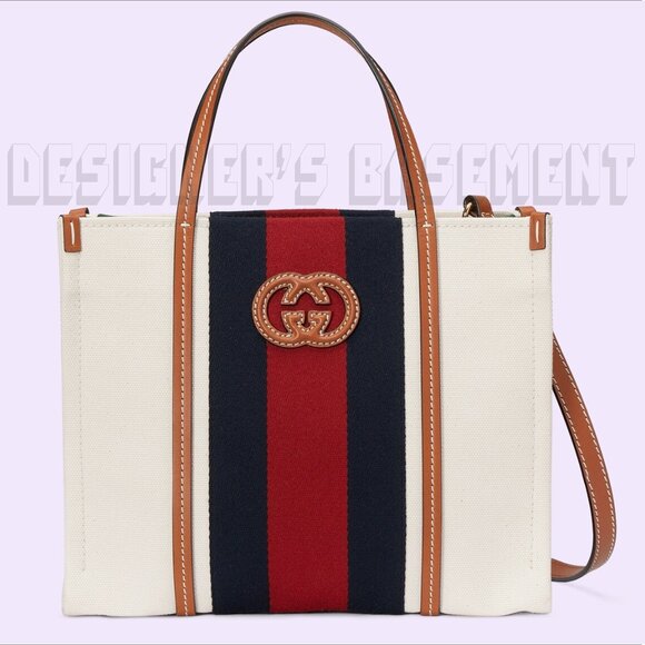 GUCCI white Canvas w/ cognac Leather Interlocking G WEB Medium Shopping Tote Bag - Picture 11 of 12